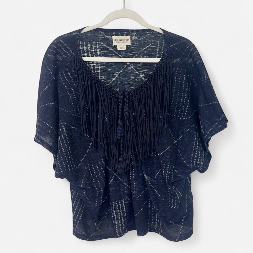 Denim & Supply Ralph Lauren Indigo Batik Fringe Lace Up Boho Top Short Sleeve XL